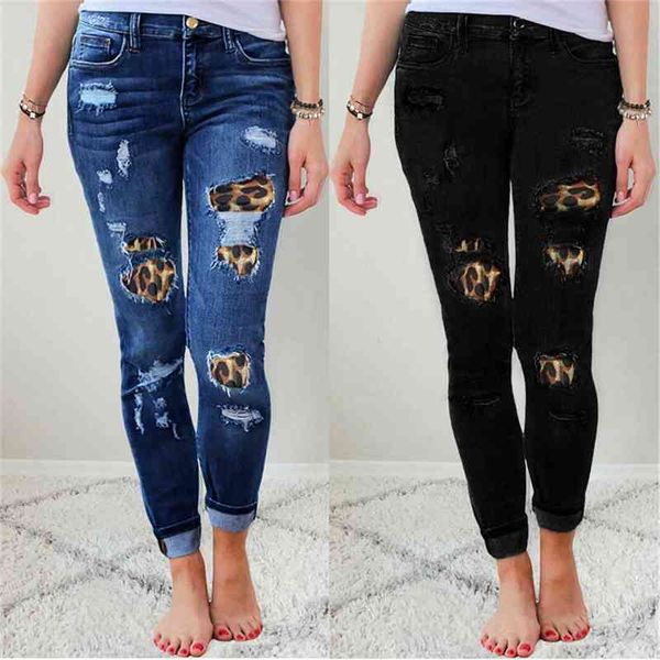 

women's jeans leopard print hole patch elastic small leg autumn winter tight and versatile slim pencil pants 0s4e, Blue
