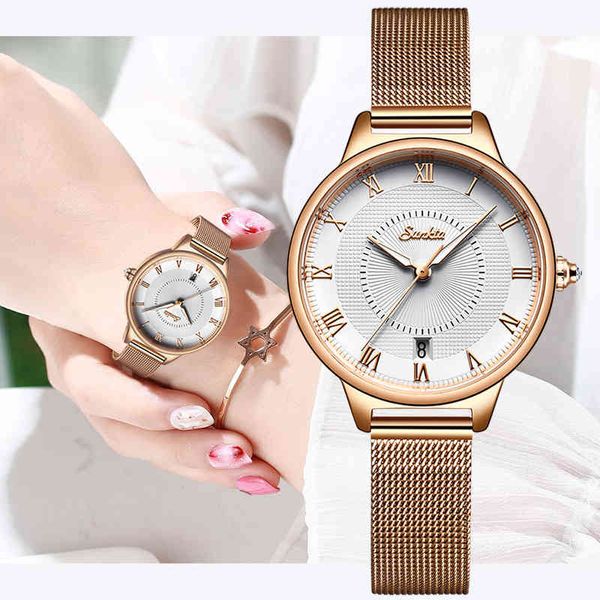 Einzigartige Frauen Runde Uhr Rose Gold Dame Elegante Armbanduhr SUNKTA Marke Minimalismus Casual Kleid Uhr für Weibliche Geschenk Uhr 210517