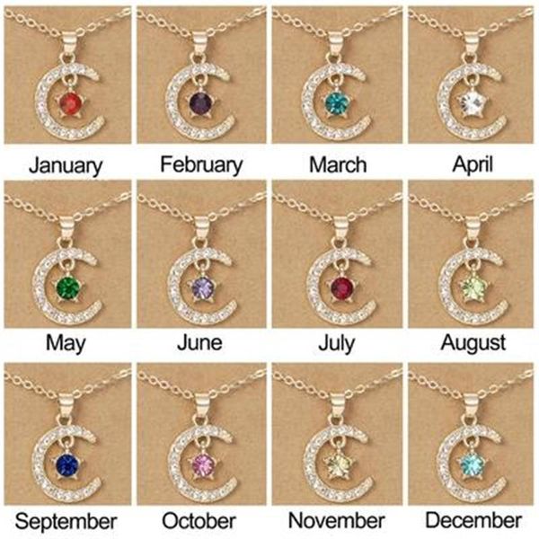 

chains style moon star birthstone pendant necklace wish card for women crystal gold color clavicle chain mom birthday jewelry gifts, Silver