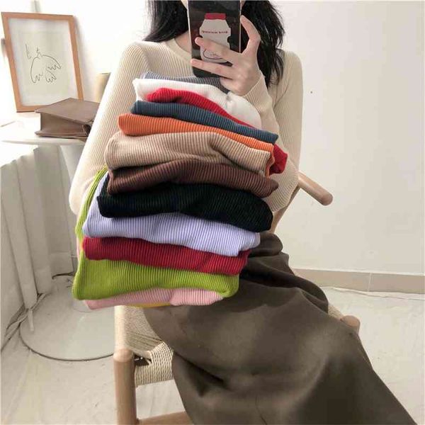 

korobov korean elegant long sleeve sueter mujer chic autumn women knit pullovers sweaters preppy style o neck solid sweater 210430, White;black