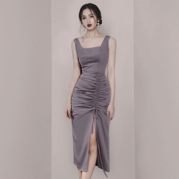

runway designer summer holiday dress brand women dew shoulder sleeveless dress square collar bodycon draped long dress 210514, Black;gray