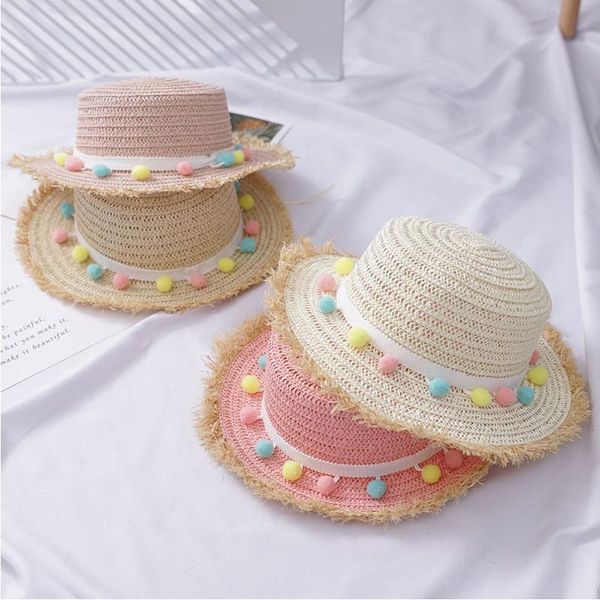 

caps & hats summer outdoor children straw hat colorful ball decorate panama for girls kids bucket beach sun baby, Yellow