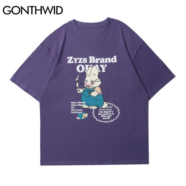 

t-shirts summer streetwear casual cartoon rabbit print short sleeve tees harajuku hip hop cotton oversize tshirts 210602, White;black