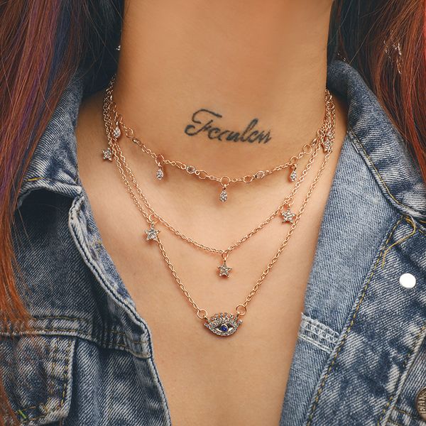 

rhinestone luck blue eye choker necklace for women chain pendant layered necklace fashion jewelry, Silver