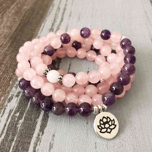 

woman mala necklace & bracelets for women rose quartzs amethysts yoga bracelet lotus 108 beads pink, Golden;silver