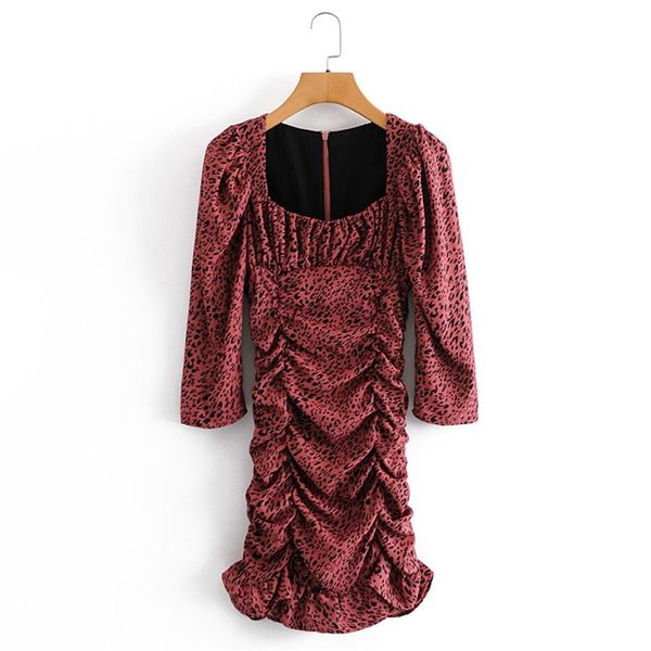 

summer women vintage pleated mini dress 3/4 sleeve square collar print elasticity es female elegant party 210513, Black;gray