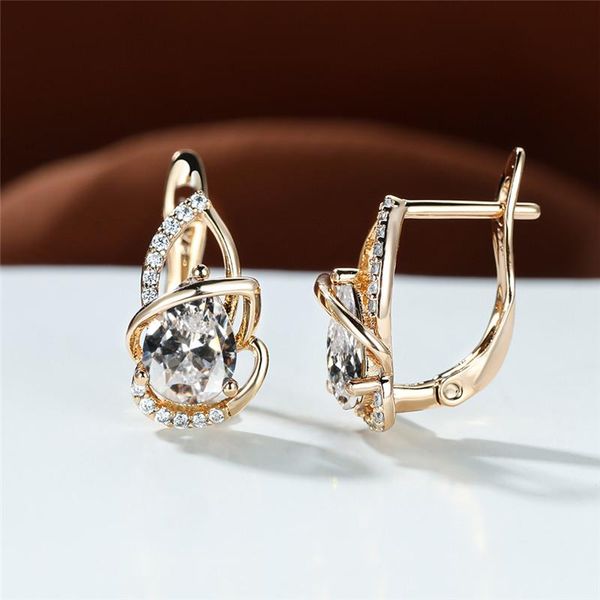 

hoop & huggie punk rose gold color wedding earring rainbow crystal water drop stone earrings white zircon lotus flower for women, Golden;silver