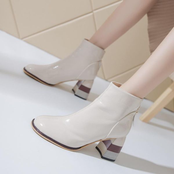 

boots beige black women comfy square high heel ankle fashion pointed toe zipper autumn winter ladies shoes
