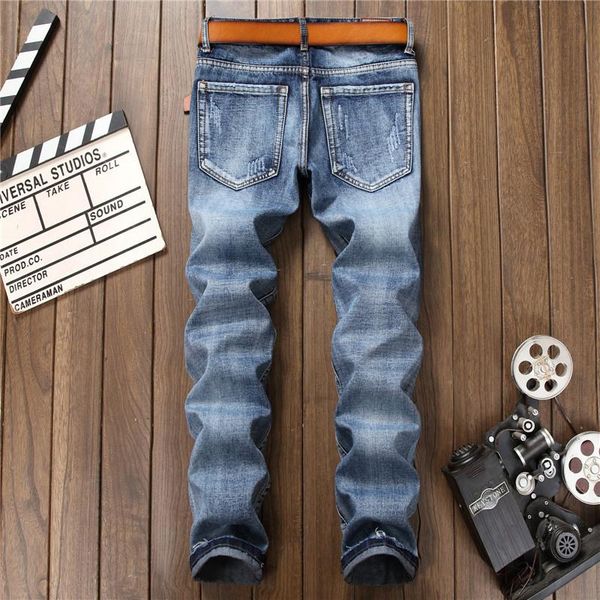 

men's jeans design hole ripped men fashions embroidery animal blue denim trousers spring autumn zip straight