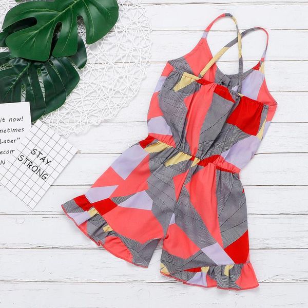 

clothing sets children geometry print short romper, girls sleeveless v-neck sling jumpsuit with waistband, White
