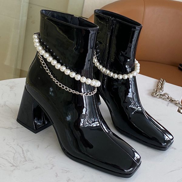 

women ankle boots thick high heels ladies booties chain pearl square toe female shoes autumn winter fashion elegant woman boots, Black