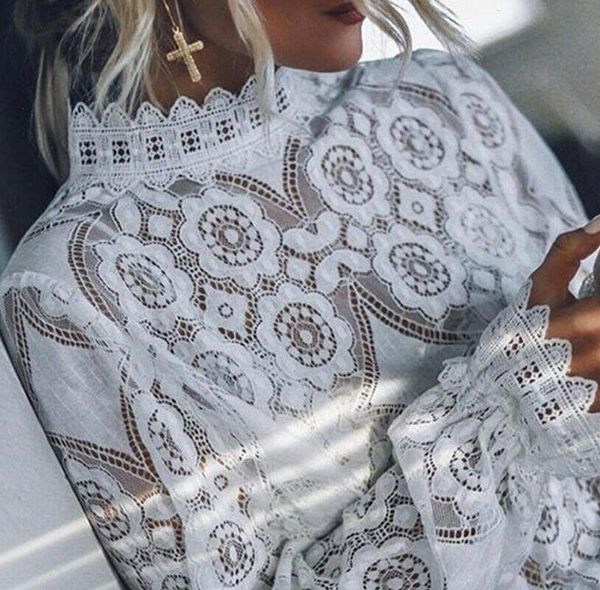 

simply elegant white lace womens blouses hollow out embroidery feminine long lantern sleeve summer female