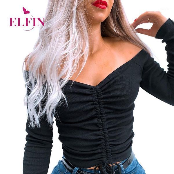 

women's t-shirt women clothing autumn solid v neck pleated drawstring long sleeve femme casual slim streetwear crop sj6818r, White