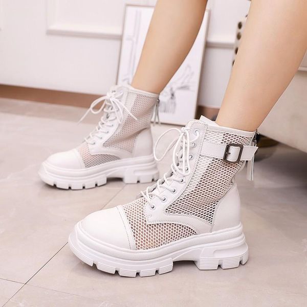 

boots 2021 classic women thick bottom black mesh summer ankle round toe zipper lace up platform shoes women's chunky