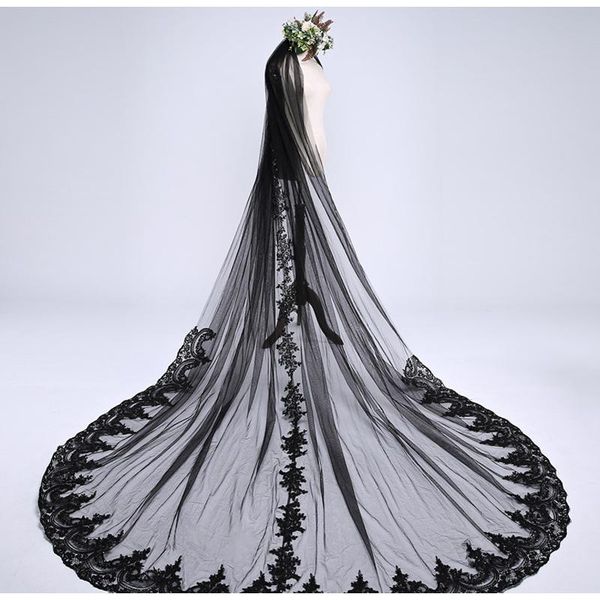

bridal veils 3m*3m long black wedding veil with comb soft tulle floral applique accessories