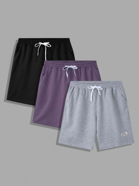 

men 3pcs letter patched drawstring waist track shorts n6u3#, Black