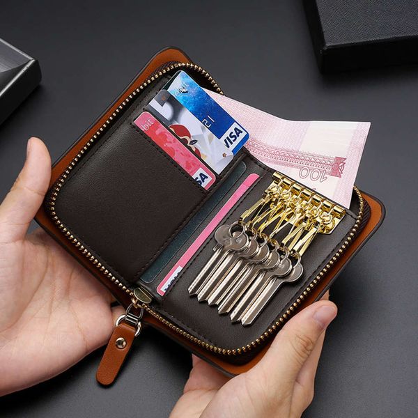 

key bag men's leather zipper key bag women's multi function card bag creative wallet customization, Black