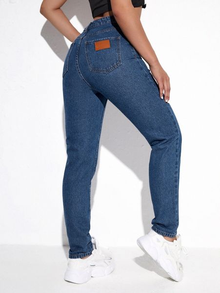 

patch detail high waist mom fit jeans a7ln#, Blue