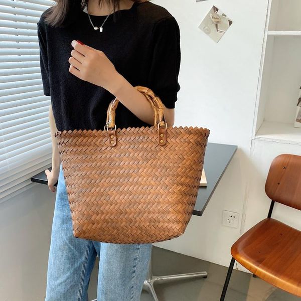 

evening bags bamboo handle woven handbag women handmade rattan bag lady summer straw beach travel weaving tote female shopping basket