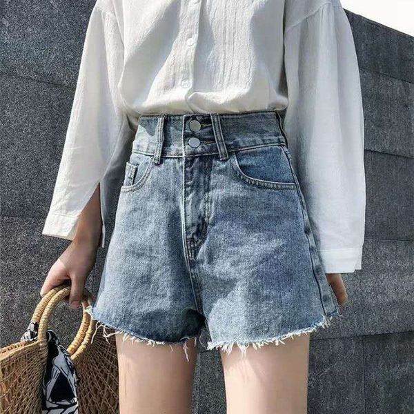 

shorts double button denim shorts for women's new summer wear: korean high waist, thin and loose, white with a-line wide leg pants, White;black
