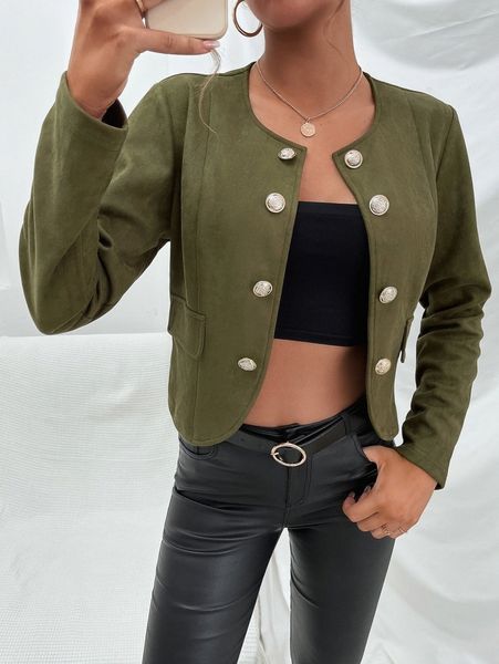 

double breasted flap detail suede jacket s6i3#, Black;brown