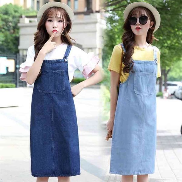 Grande vestito da tasca Denim per le donne Summer Strap regolabile A-Line Back Split Spalato Ginocchio-Lunghezza Allentato Coreano Vestido blu 210604