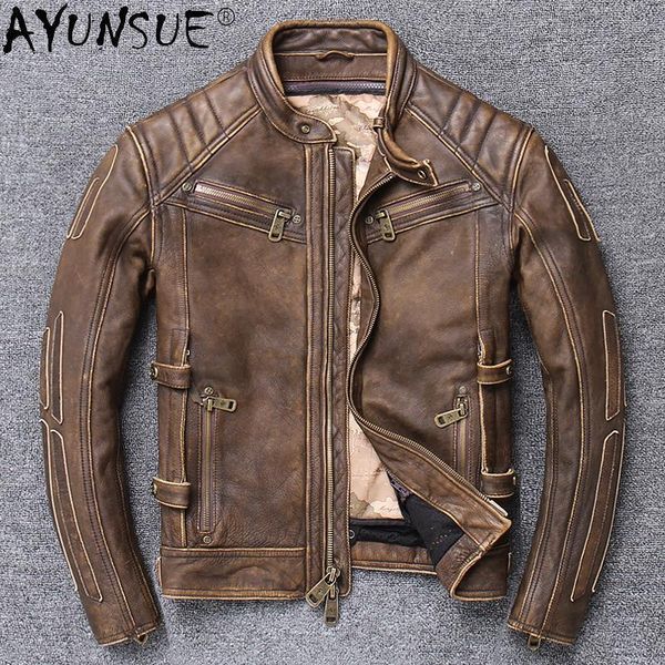 

men's leather & faux ayunsue vintage genuine cow jacket men cowhide coat plus size biker motorcycle jackets and coats 2021, Black