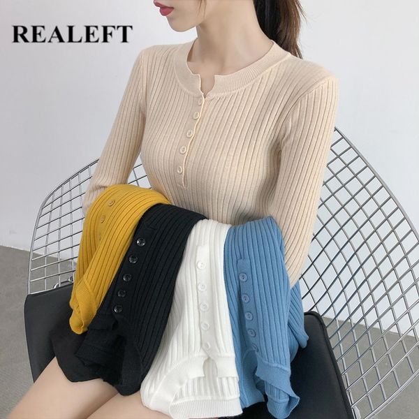 Herbst Multi Color Slim Pullover Knopf O-Ausschnitt Basic Gestrickte Frauen Langarm Bottom Pullover Top 210428