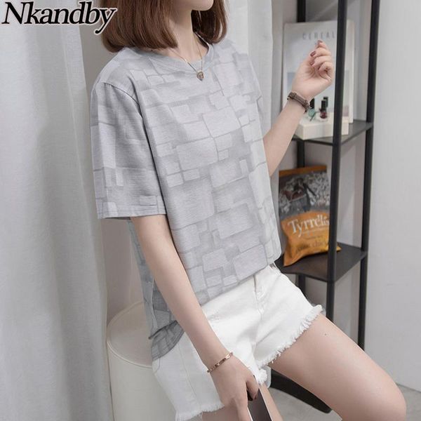 

women's t-shirt nkandby plus size plaid cotton women 2021 summer loose short sleeve gray t shirt oversize clothing simple feminine, White