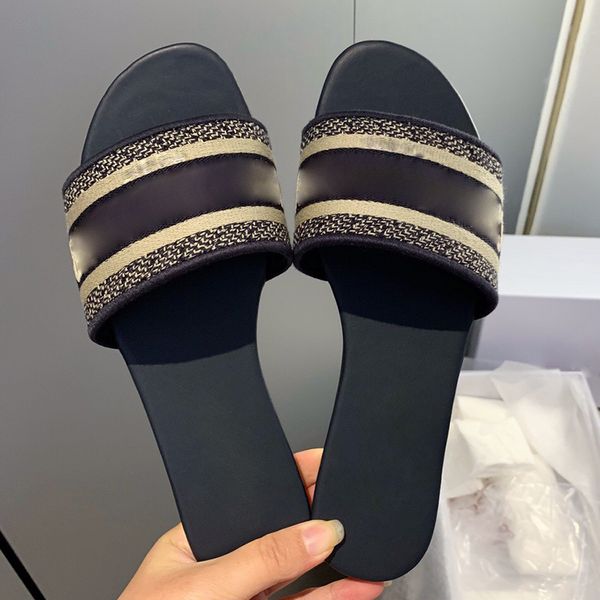 

casual slippers for women designers flat slides sandals electric embroidered sandal fashion cotton fabric print trainers shoes beach womens, Black