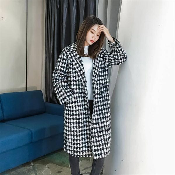 

women's wool & blends houndstooth overcoat lattice knitwear loose women korean suit collar cardigan thicken warm coat0695, Black