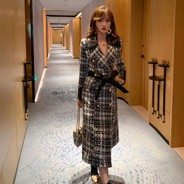 

women's wool & blends winter high-end coat fashion elegant black plaid turn-down collar leather patchwork slim long trench ladies coats