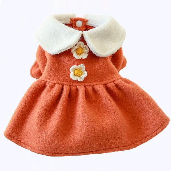 

dog apparel orange color dresses with flowers decoration price 2021 autumn and winter est pet cute princess woolen skirt