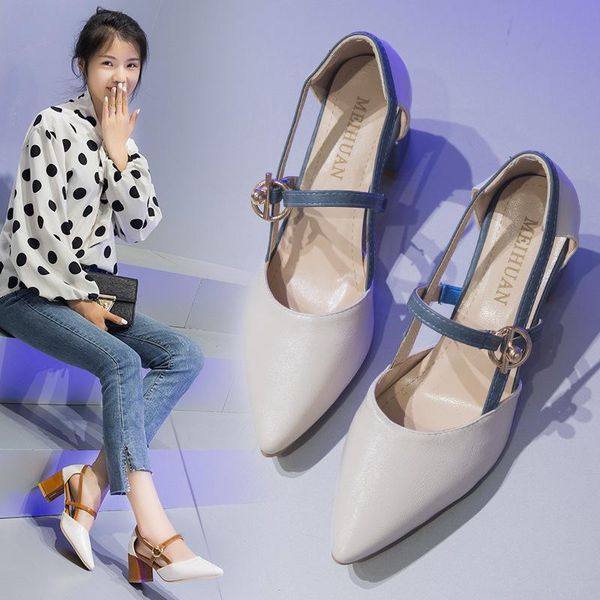 

summer women's shoes 2021 fashion red joker pointed high heels women thick heel baotou roman sandals, Black