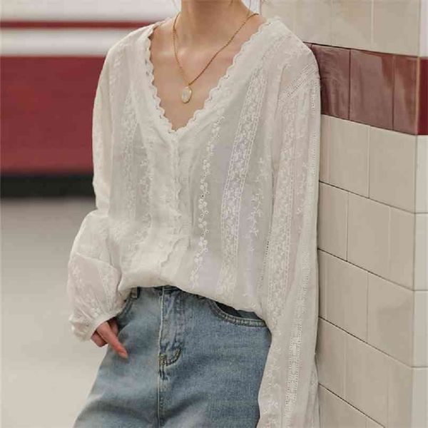 

embroidery lace white women blouse summer femme casual womens shirt long sleeve linen cotton girls plus size blusas 210423