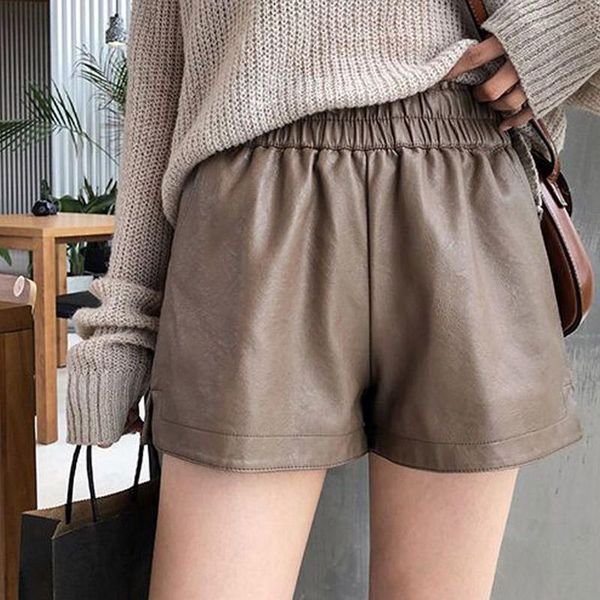 

women's shorts 2021 fashion retro women's pu leather high waist loose wide leg female office, White;black