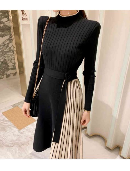 

casual dresses autumn winter women loose knitting high waist bottoming elasticity lace up pleated long 5ul8, Black;gray