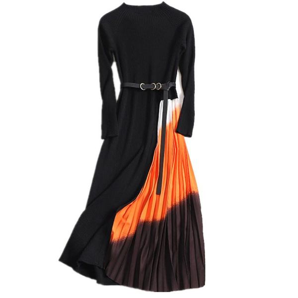 

casual dresses est elegant pleated slim waist sashes for women gradient color stitching knitted long sleeve vintage dress winter, Black;gray