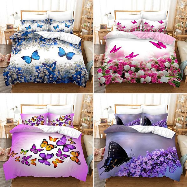 Set di biancheria da letto Farfalla stampata in 3D con fiori floreali Copripiumino Set di cuscini Biancheria da letto Consolatore di biancheria da letto