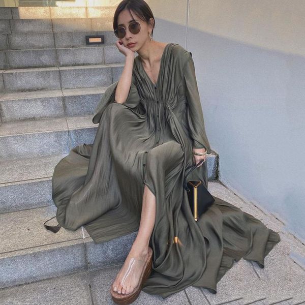 

casual dresses dunayskiy women long sleeve 2021 autumn summer v neck a-line high waist pleated maxi office ladies, Black;gray