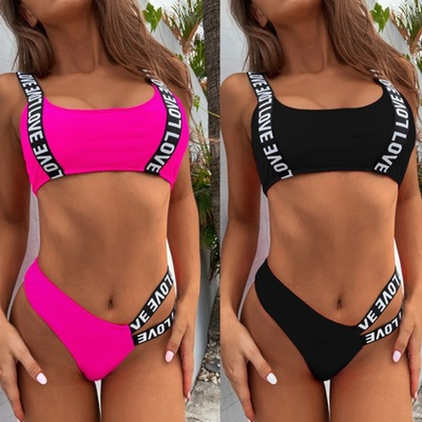 

women swimwear swimsuit letter bikini set 2021 summer female splicing wide strap bikini padded bather bathing suit swimming, White;black