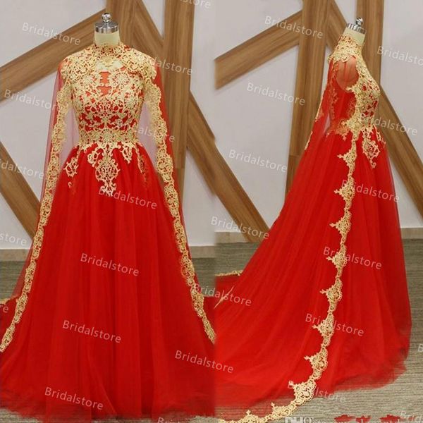 

red dubai arabic muslim evening dress with caped elegant a line tulle gold lace long prom dresses women caftan party graduation gowns robe s, Black;red