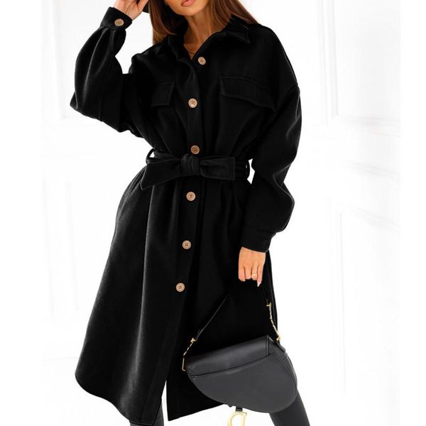 

women's wool & blends solid lace-up lapel long autumn winter elegant sleeved pocket woolen coats casual office lady overcoats, Black