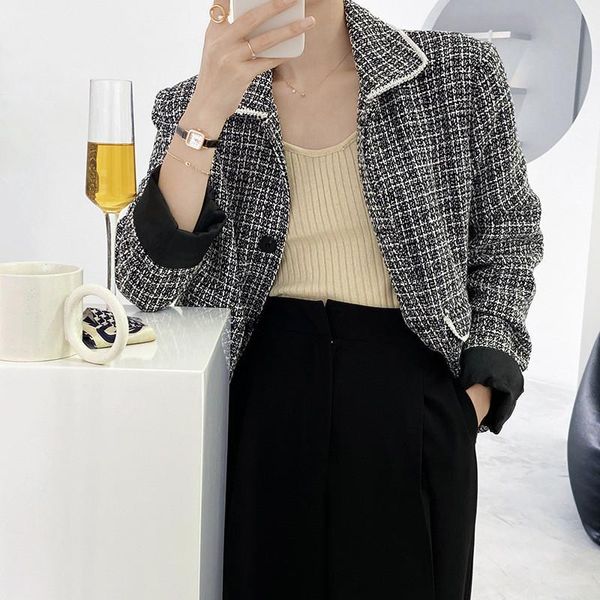 

women's jackets chic vintage single-breasted women 2021 autumn winter coat plaid full sleeve pockets female outwear, Black;brown