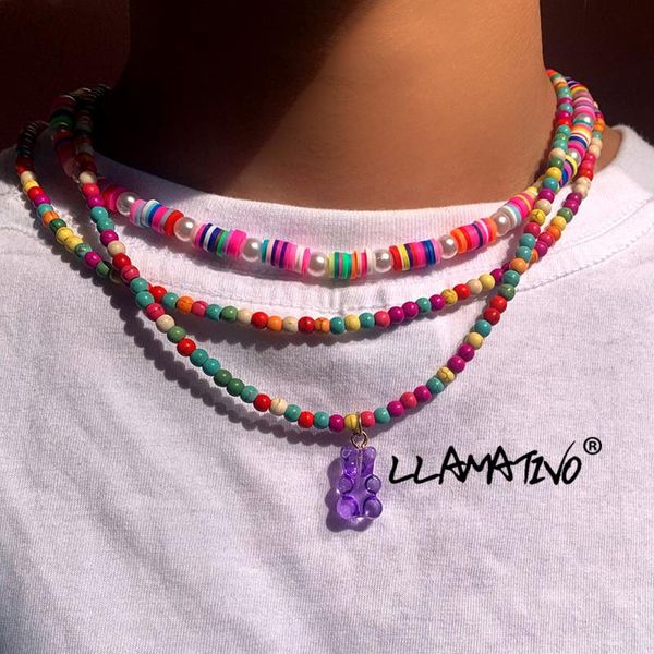 

chokers boho purple bear turquoise beads necklace for women colorful soft polymer clay beaded choker pearl summer beach jewelry, Golden;silver