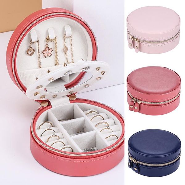 

storage boxes & bins travel jewellery box pu leather round small portable container compartment for rings earring bracelet r4t1