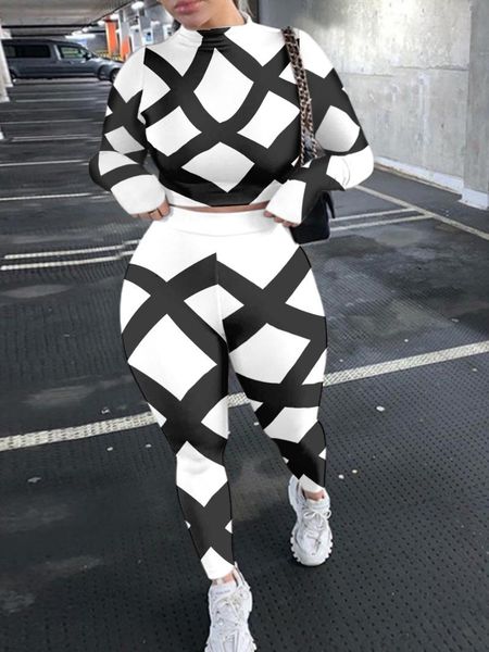 

women's two piece pants autumn streetwear set euramerican plaid long-sleeved t-shirt trousers two-piece tracksuit fashion outfits, White