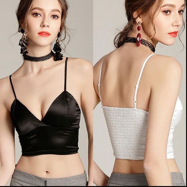 

satin crop womens cami wireless bralette crochet spaghetti strap t shirt cropped with chest padded camisole, White