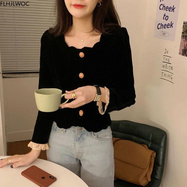 

french style outerwear fashion women long sleeve patchwork white hollow out lace outside velvet short button shirts women's blouses &