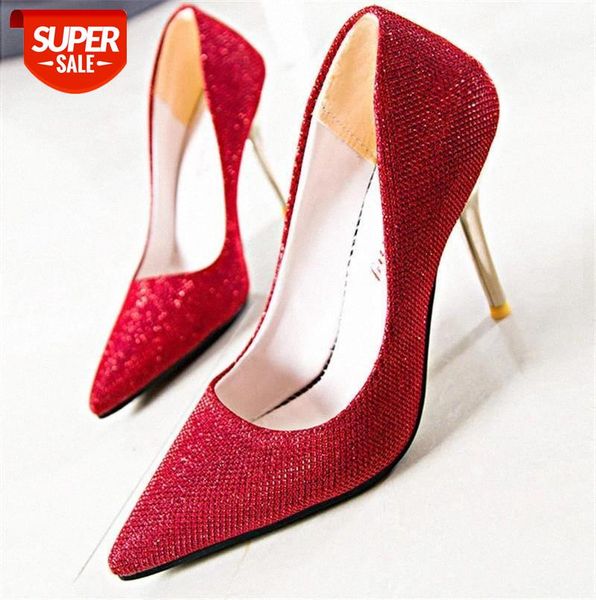 

2019 new high heels pointed toe silk upper 9.5cm stiletto bling shallow shoes women wedding party breathable pumps #hi8r, Black